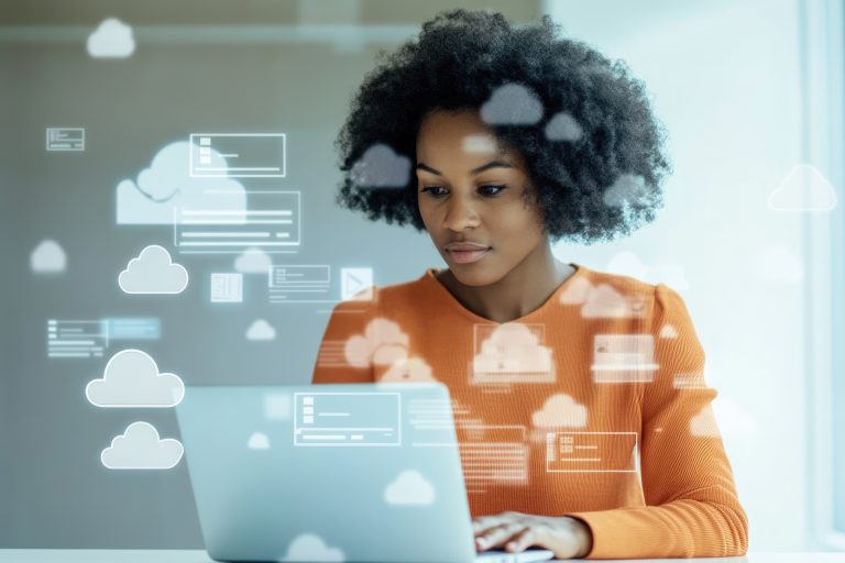Digital Businesswoman Managing Files on Cloud Service in Office Environment
